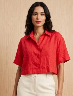 Banana Republic Linen Short Sleeve Boxy Cropped Shirt Large